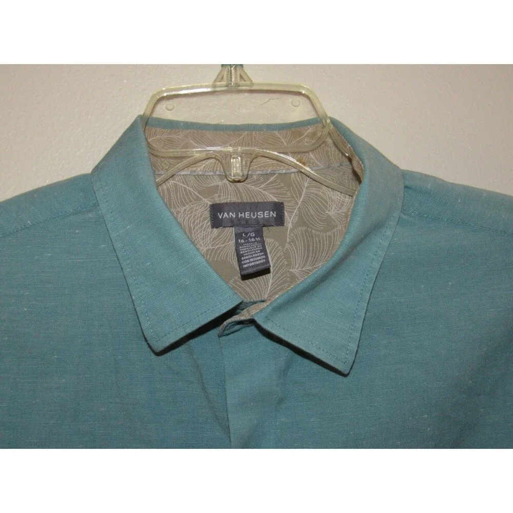 Van Heusen Shirt Mens L Green Heathered Long Sleeve Button Up 16 16.5 Contrast